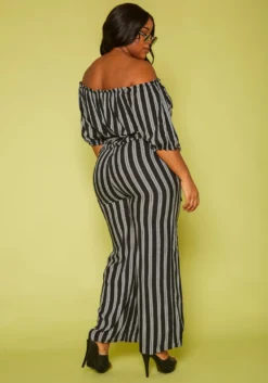Plus Size Off Shoulder Stripe Jumpsuit -Asoph Fashion Shop 2019704 001 3