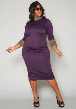 Plus Size Fuzzy Knit Trim Midi Dress