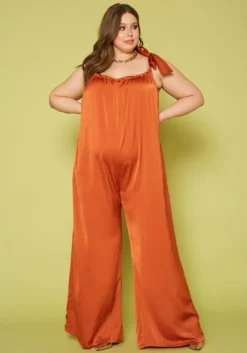 Plus Size Satin Wide Flare Jumpsuit