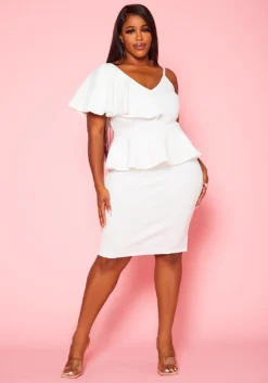 Plus Size Ruffle Hem One Sleeve Mini Dress