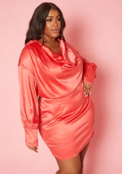 Plus Size Satin Cowl Neck Mini Dress