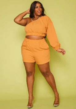 Plus Size One Sleeve Crop Top & Shorts Set