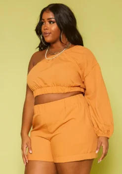 Plus Size One Sleeve Crop Top & Shorts Set -Asoph Fashion Shop 2019874 001 2
