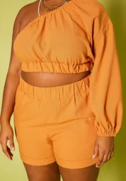 Plus Size One Sleeve Crop Top & Shorts Set -Asoph Fashion Shop 2019874 001 4