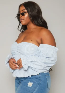 Plus Size Stripe Print Off Shoulder Smocked Top -Asoph Fashion Shop 2019875 001 2