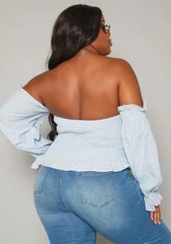 Plus Size Stripe Print Off Shoulder Smocked Top -Asoph Fashion Shop 2019875 001 3