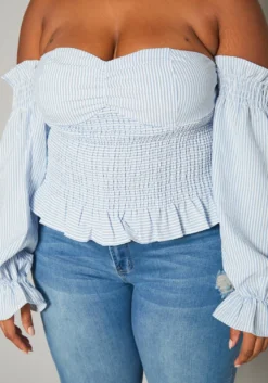 Plus Size Stripe Print Off Shoulder Smocked Top -Asoph Fashion Shop 2019875 001 4