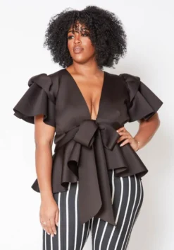 Plus Size Tie Front Ruffle Peplum Blouse -Asoph Fashion Shop 2019877 003 3