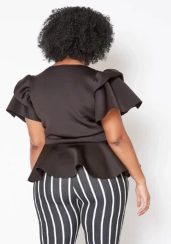 Plus Size Tie Front Ruffle Peplum Blouse -Asoph Fashion Shop 2019877 003 4