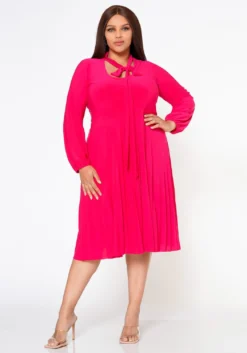 Plus Size Bow Collar Pleated Fit & Flare Dress