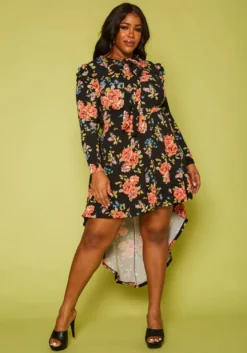 Plus Size Rose Floral Print High Low Flare Dress
