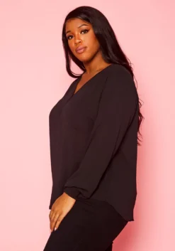 Plus Size V Neck Pocket Hem Long Sleeve Blouse -Asoph Fashion Shop 2019925 001 2