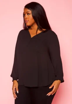 Plus Size V Neck Pocket Hem Long Sleeve Blouse -Asoph Fashion Shop 2019925 001 3