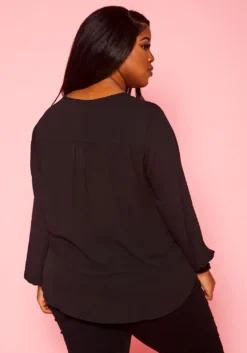 Plus Size V Neck Pocket Hem Long Sleeve Blouse -Asoph Fashion Shop 2019925 001 4