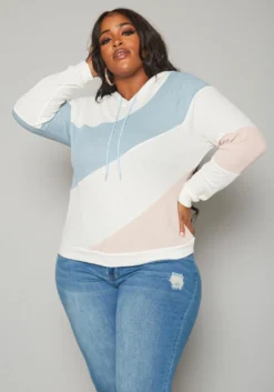 Plus Size Color Block Ribbed Hooded Sweater
