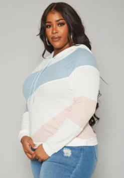 Plus Size Color Block Ribbed Hooded Sweater -Asoph Fashion Shop 2019948 001 2
