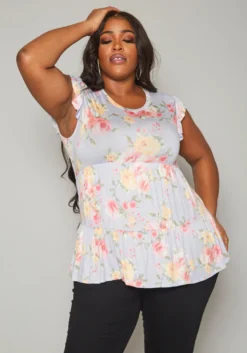 Plus Size Floral Print Flare Top