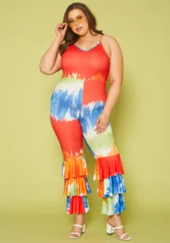 Plus Size Tie Dye Tiered Flare Jumpsuit