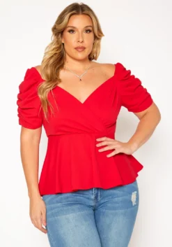 Plus Size Ruched Short Sleeve Peplum Top