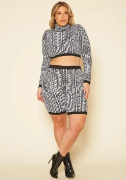 Plus Size Greek Key Print Crop Top & Biker Shorts Set