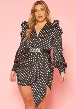 Plus Size Polka Dot Long Sleeve Mini Dress