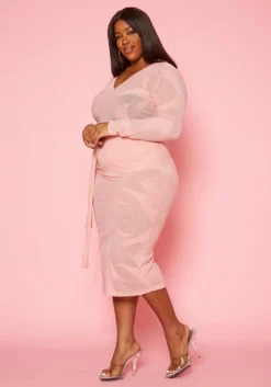 Plus Size Print Mesh Long Sleeve Midi Dress -Asoph Fashion Shop 2020183 002 2