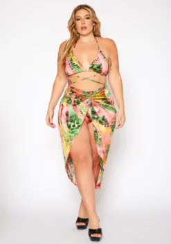 Plus Size Pink Sand Beach Three Piece Bikini Set