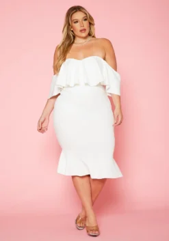Plus Size Off Shoulder Ruffle Hem Midi Dress