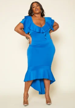 Plus Size High-Low Ruffled Bodycon Midi Dress