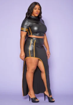 Plus Size Faux Leather Mock Neck Crop Top & Slit Maxi Skirt Set -Asoph Fashion Shop 2020236 001 3