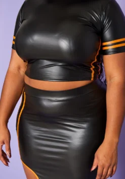 Plus Size Faux Leather Mock Neck Crop Top & Slit Maxi Skirt Set -Asoph Fashion Shop 2020236 001 5