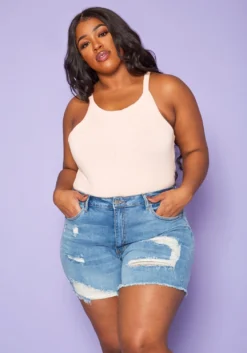 Plus Size Distressed Mid Length Denim Shorts