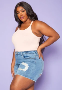 Plus Size Distressed Mid Length Denim Shorts -Asoph Fashion Shop 2020268 001 4