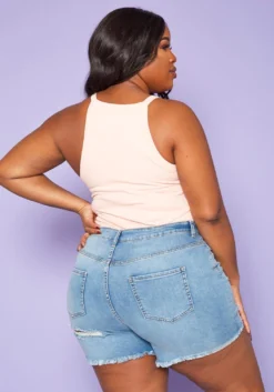 Plus Size Distressed Mid Length Denim Shorts -Asoph Fashion Shop 2020268 001 5