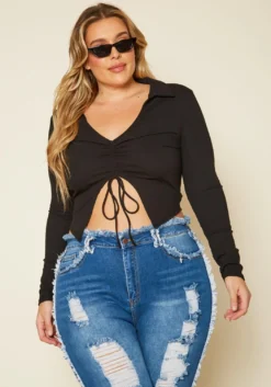 Plus Size Ribbed Drawstring Front Split Crop Top