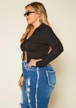 Plus Size Ribbed Drawstring Front Split Crop Top -Asoph Fashion Shop 2020280 001 3