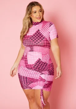 Plus Size Mock Neck Houndstooth Color Block Print Mini Dress -Asoph Fashion Shop 2020297 001 1