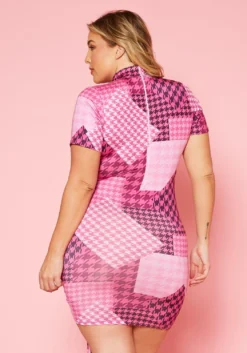 Plus Size Mock Neck Houndstooth Color Block Print Mini Dress -Asoph Fashion Shop 2020297 001 5