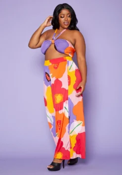 Plus Size Floral Wrap Halter Top & Palazzo Pants Set -Asoph Fashion Shop 2020324 001 4