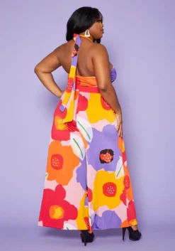 Plus Size Floral Wrap Halter Top & Palazzo Pants Set -Asoph Fashion Shop 2020324 001 5