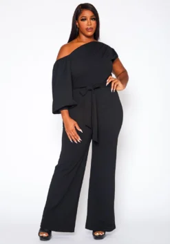 Plus Size One Sleeve Asymmetrical One Shoulder Jumpsuit