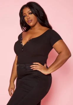 Plus Size Ribbed Button Detail Bodysuit -Asoph Fashion Shop 2020333 001 3