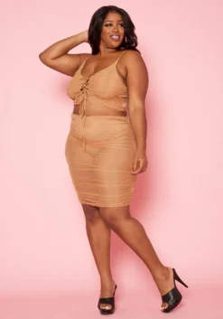 Plus Size Ruched Mesh Crop Top & Mesh Skirt Set