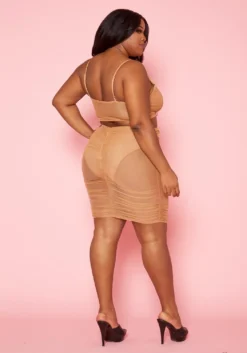 Plus Size Ruched Mesh Crop Top & Mesh Skirt Set -Asoph Fashion Shop 2020338 002 3