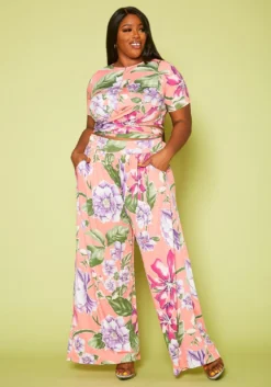 Plus Size Floral Crop Top & Pants Set