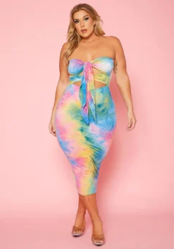 Plus Size Strapless Tie Dye Midi Dress