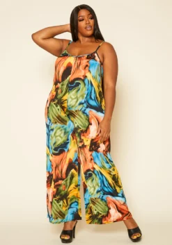 Plus Size Swirl Print Tank Jumpsuit