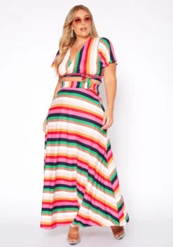 Plus Size Stripe Crop Top & Flare Maxi Skirt Set