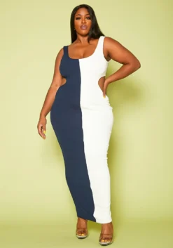 Plus Size Ribbed Two-Tone Color Cut Out Maxi Dress