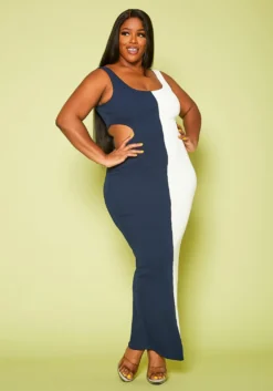 Plus Size Ribbed Two-Tone Color Cut Out Maxi Dress -Asoph Fashion Shop 2020406 001 3
